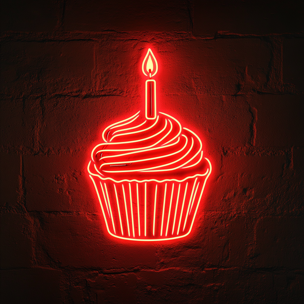 Cupcake with Birthday Candle - Red Neon Sign, 24 Inches