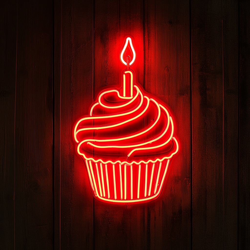 Cupcake with Birthday Candle - Red Neon Sign, 24 Inches