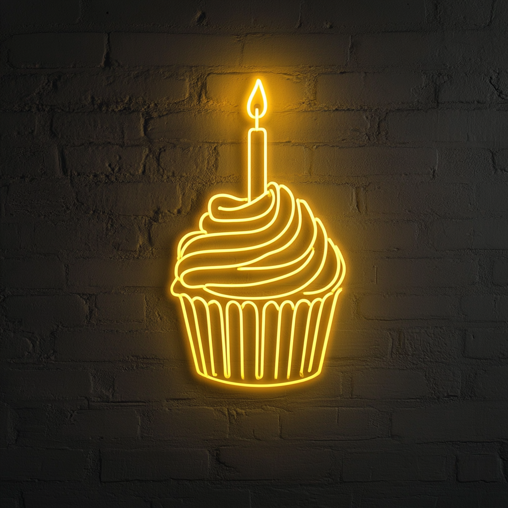 Cupcake with Birthday Candle - Yellow Neon Sign, 24 Inches