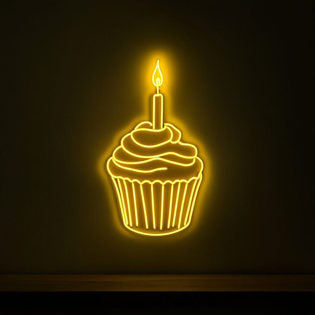 Cupcake with Birthday Candle - Yellow Neon Sign, 18 Inches