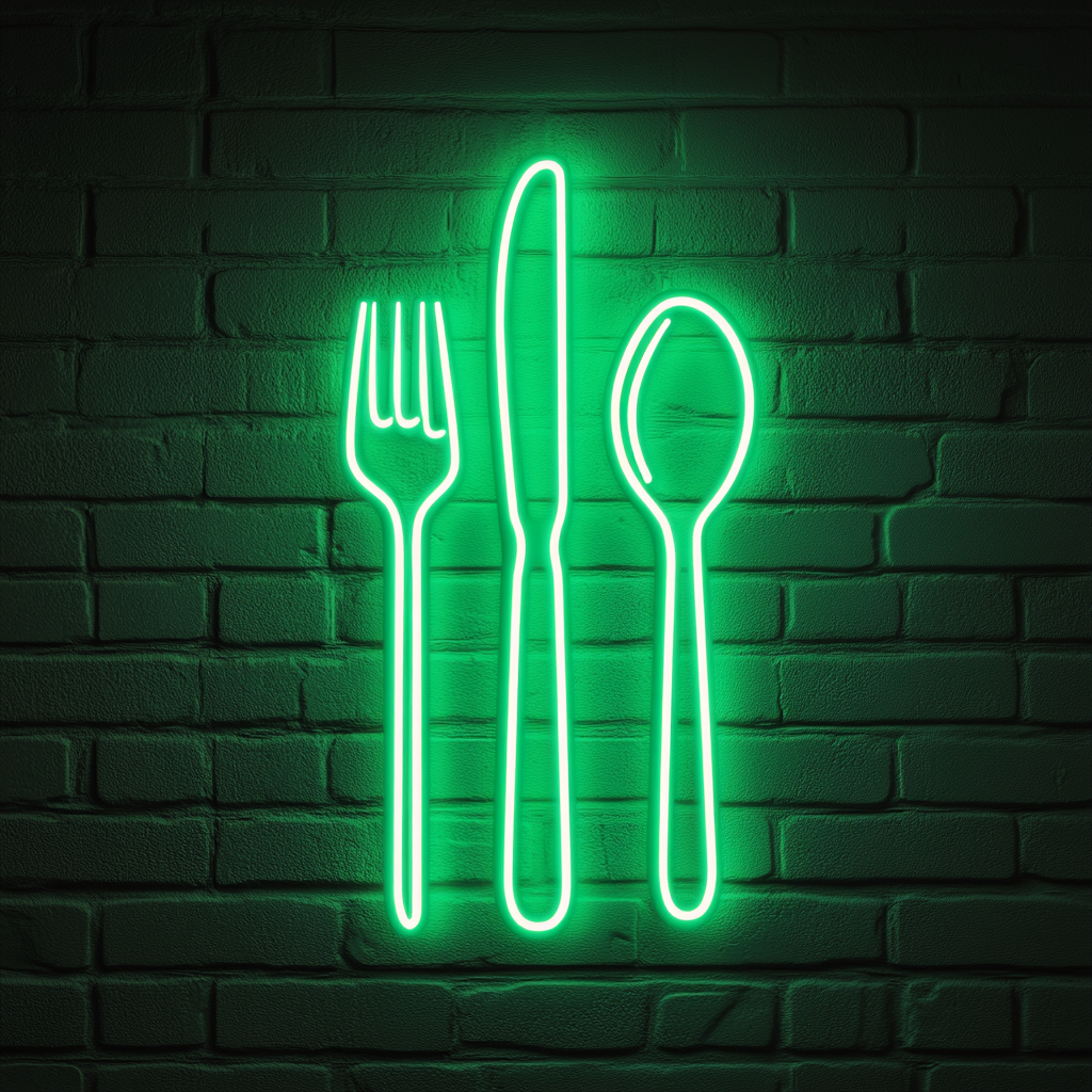 Cutlery (Fork, Knife, Spoon Set) - Green Neon Sign, 18 Inches