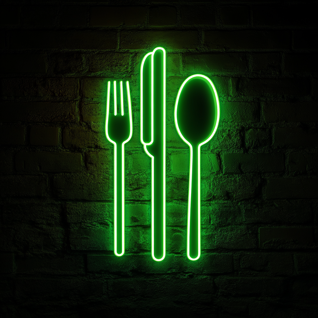 Cutlery (Fork, Knife, Spoon Set) - Green Neon Sign, 24 Inches