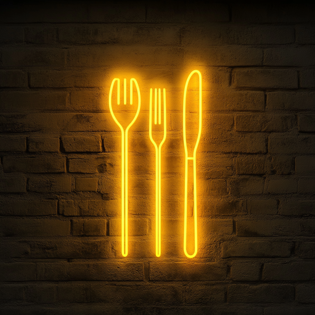 Cutlery (Fork, Knife, Spoon Set) - Yellow Neon Sign, 24 Inches