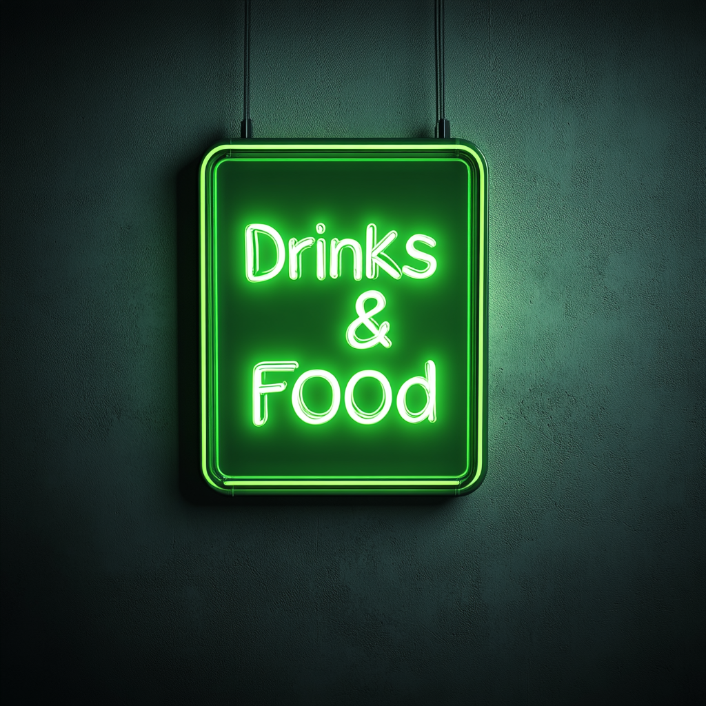 "Drinks & Food" - Green Neon Sign, 18 Inches
