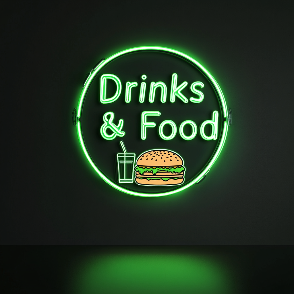 "Drinks & Food" - Green Neon Sign, 18 Inches