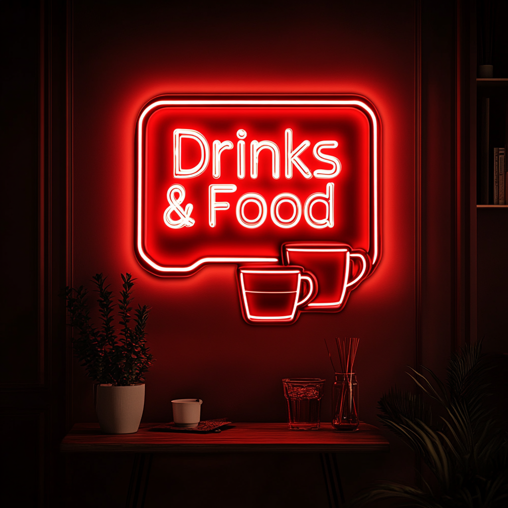"Drinks & Food" - Red Neon Sign, 18 Inches