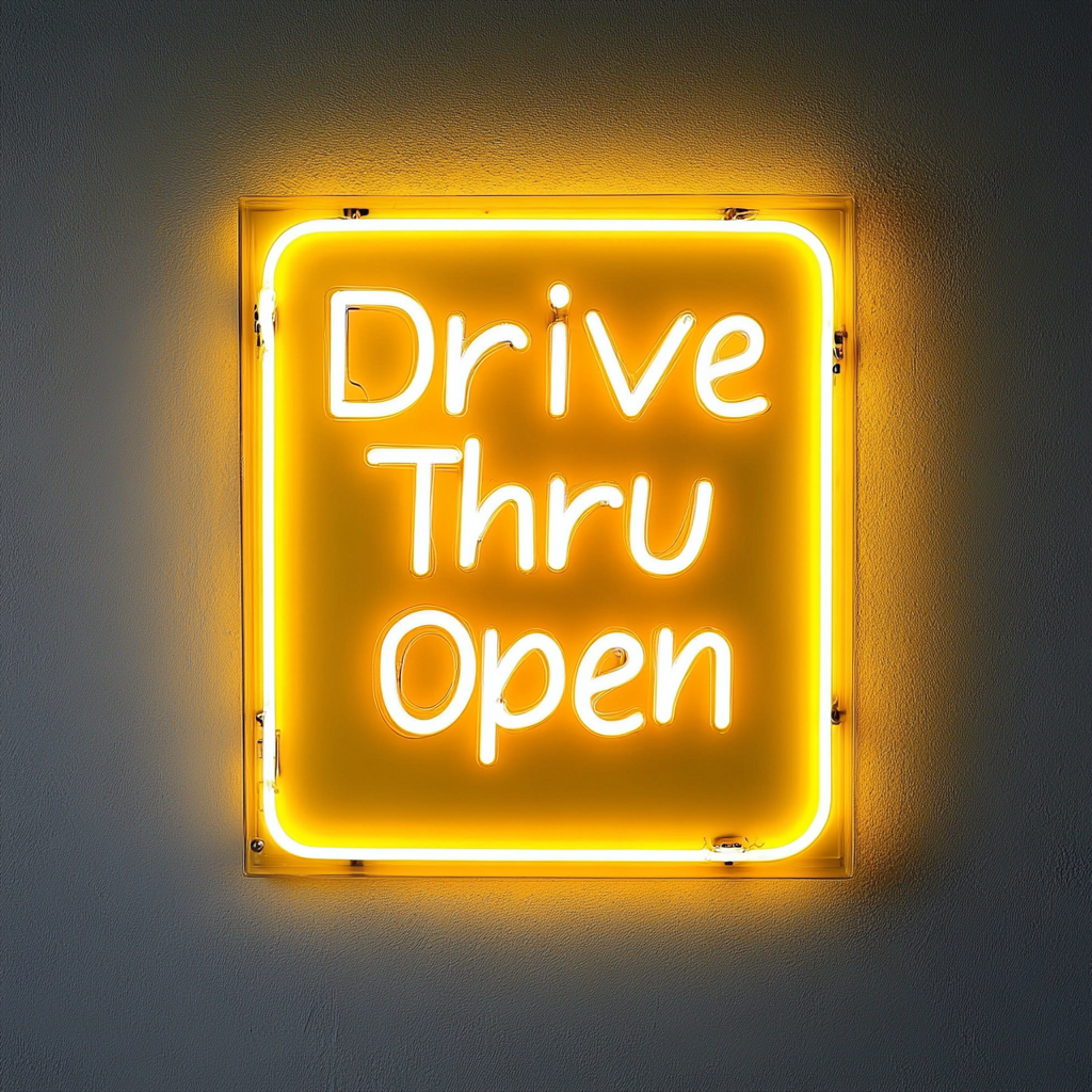 Drive Thru Open - Yellow Neon Sign, 18 Inches
