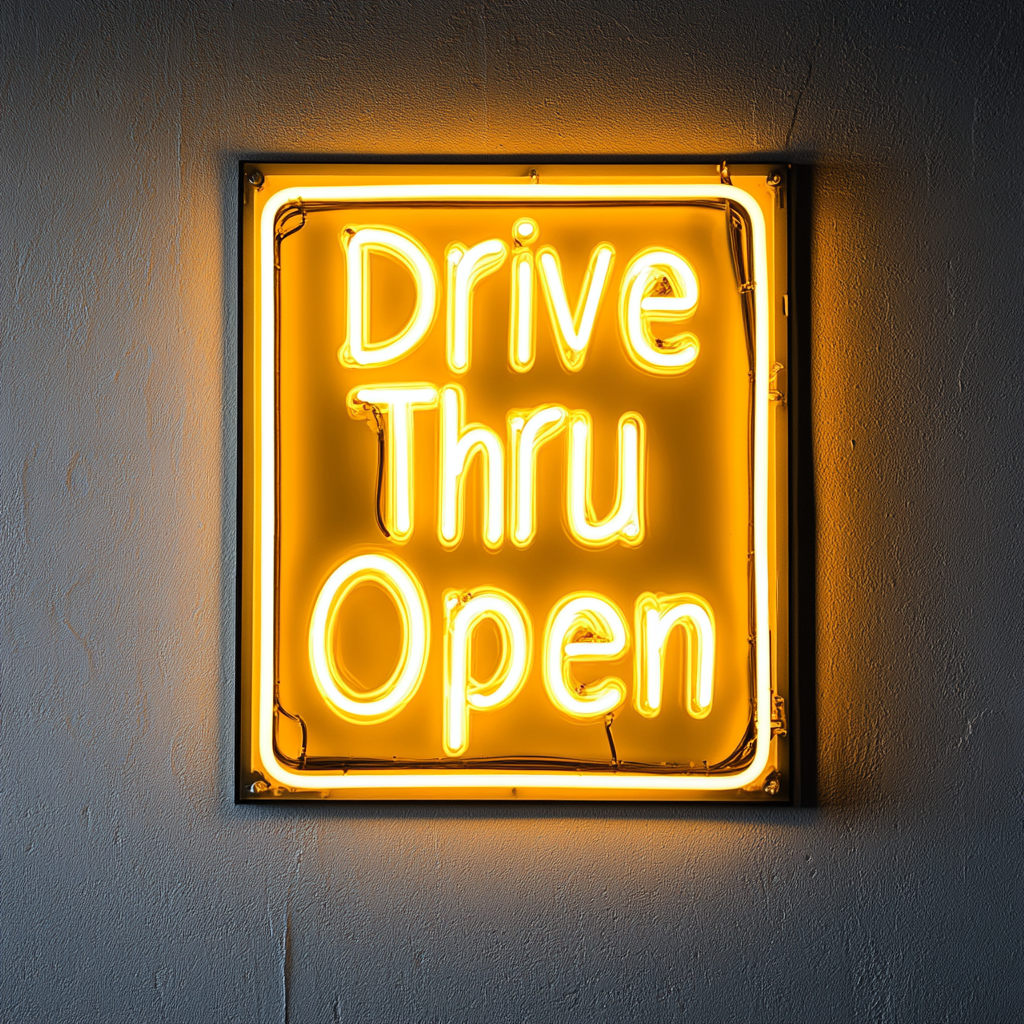 Drive Thru Open - Yellow Neon Sign, 24 Inches