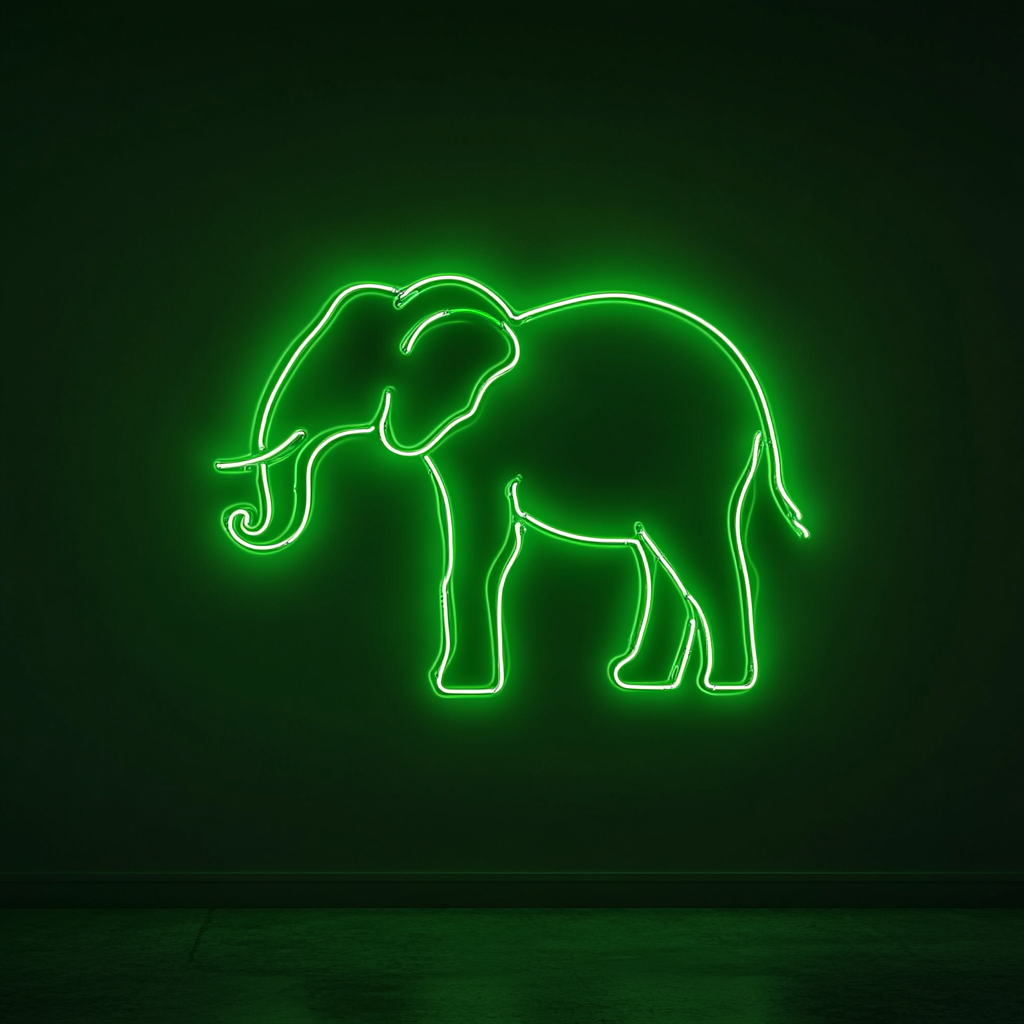 Elephant with Trunk Up - Green Neon Sign, 18 Inches