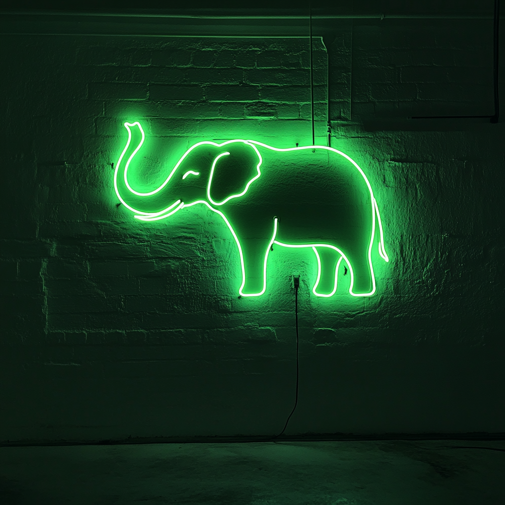 Elephant with Trunk Up - Green Neon Sign, 24 Inches