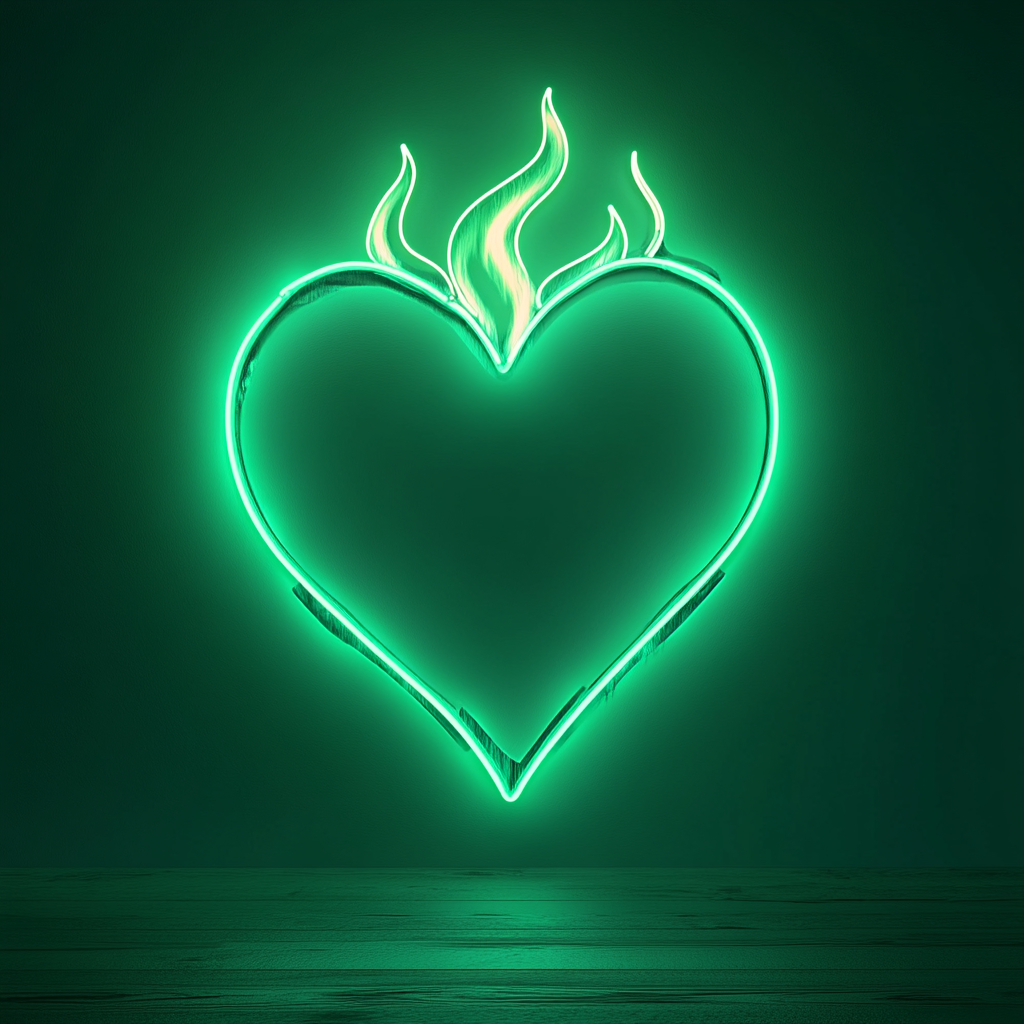 Flaming Heart - Green Neon Sign, 24 Inches