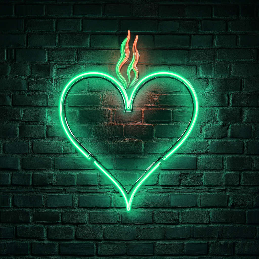 Flaming Heart - Green Neon Sign, 24 Inches