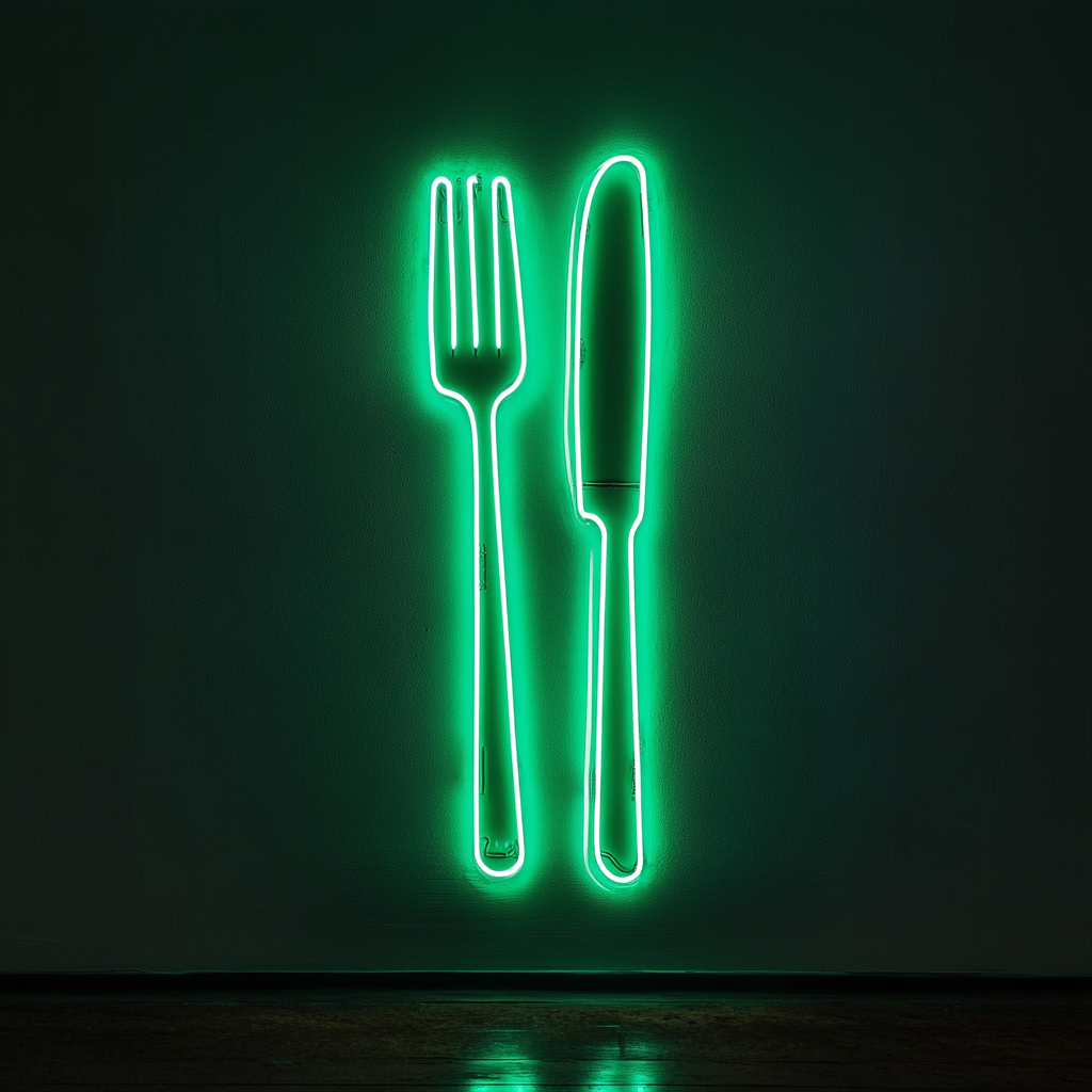 Fork and Knife - Green Neon Sign, 18 Inches