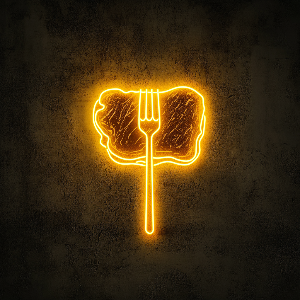 Fork Piercing Steak - Yellow Neon Sign, 18 Inches