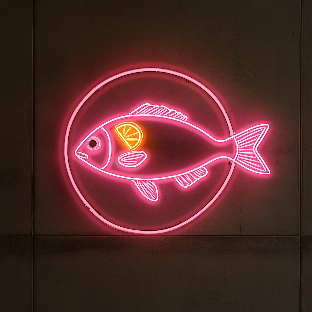 Fried Fish with Lemon Wedge - Pink Neon Sign, 24 Inches