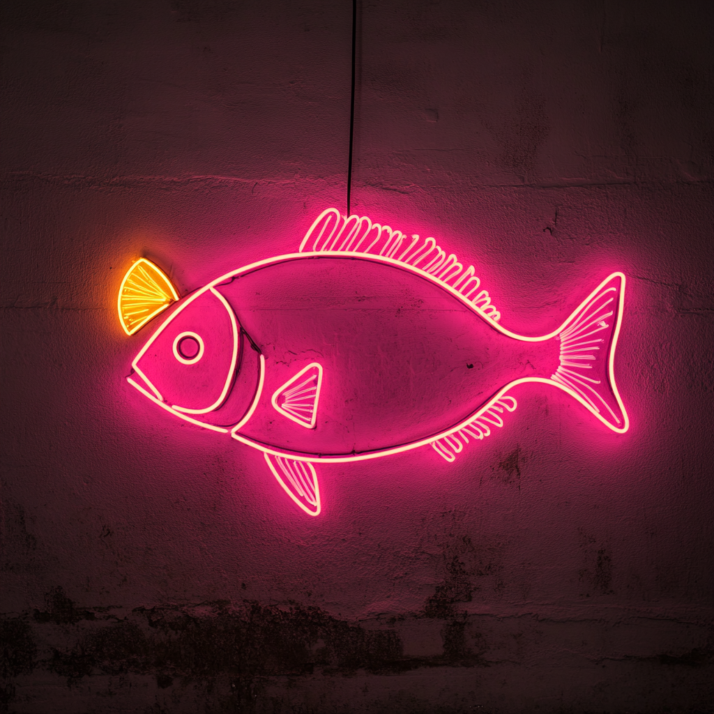 Fried Fish with Lemon Wedge - Pink Neon Sign, 18 Inches