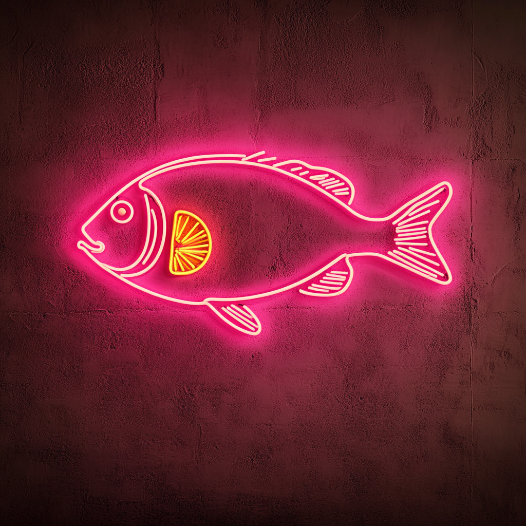 Fried Fish with Lemon Wedge - Pink Neon Sign, 18 Inches