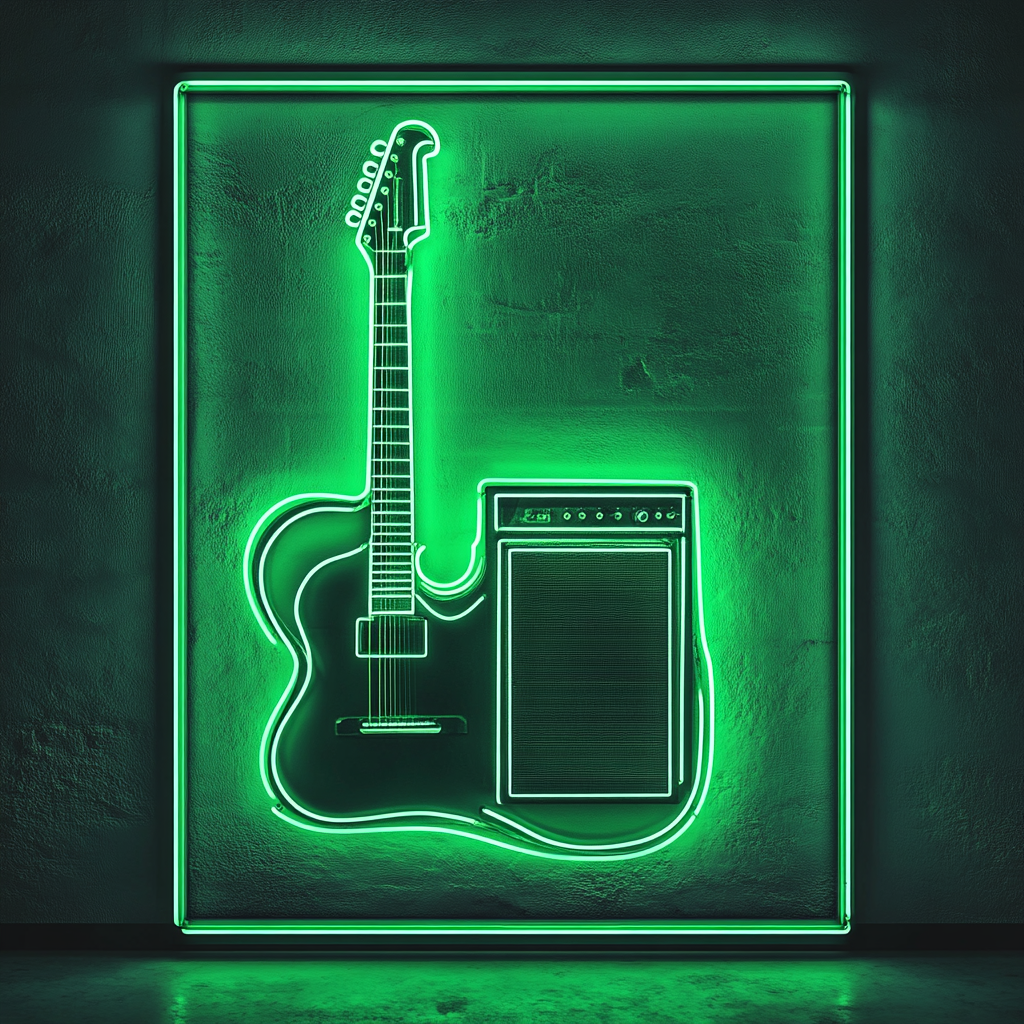 Guitar and Amp - Green Neon Sign, 18 Inches