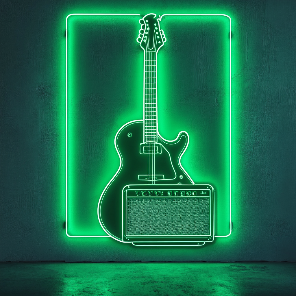 Guitar and Amp - Green Neon Sign, 18 Inches