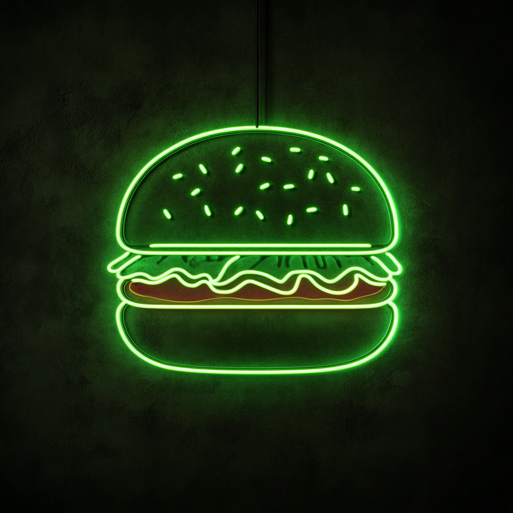 Hamburger with Lettuce and Tomato - Green Neon Sign, 24 Inches