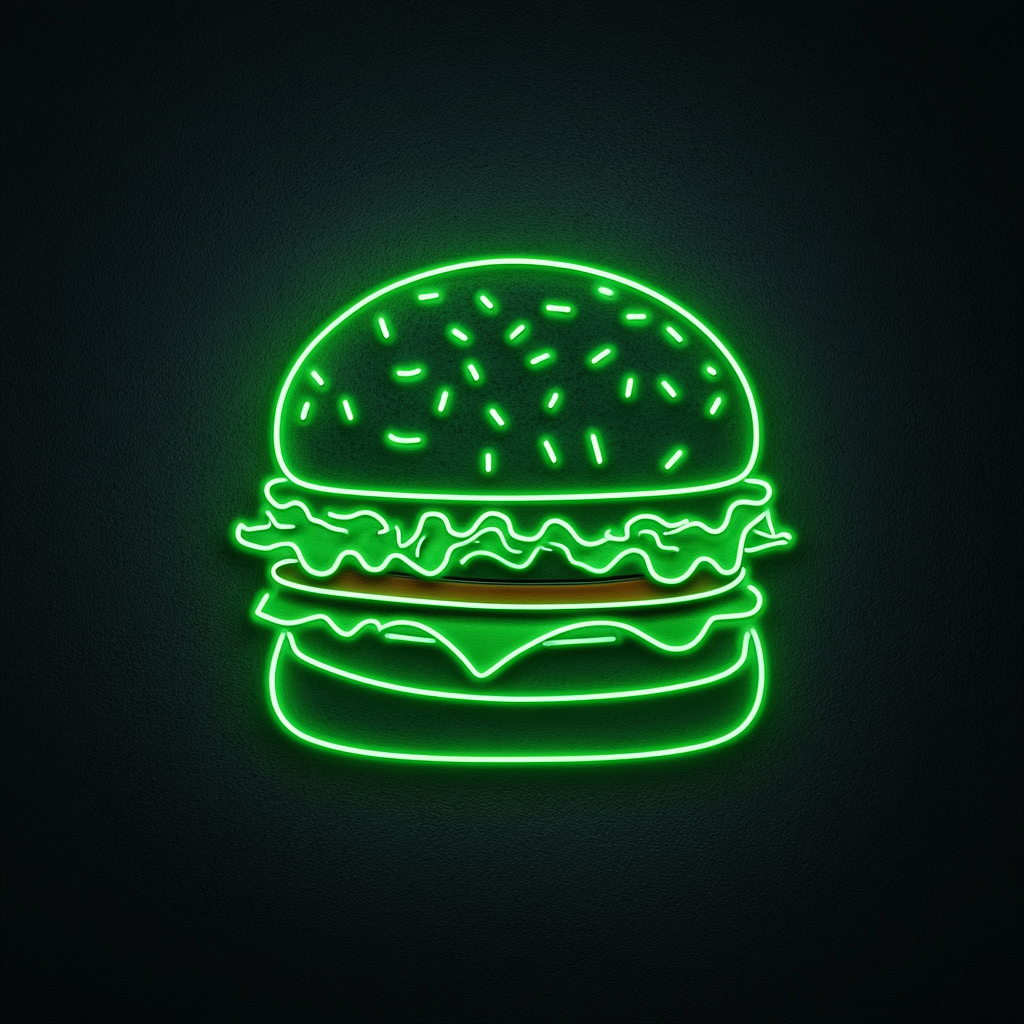 Hamburger with Lettuce and Tomato - Green Neon Sign, 24 Inches