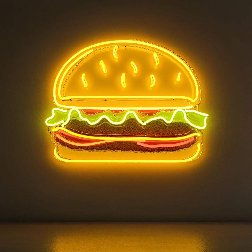 Hamburger with Lettuce and Tomato - Yellow Neon Sign, 18 Inches