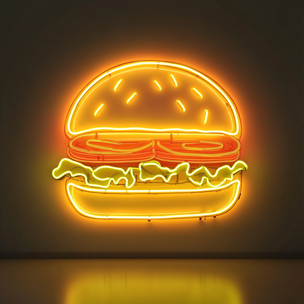 Hamburger with Lettuce and Tomato - Yellow Neon Sign, 18 Inches