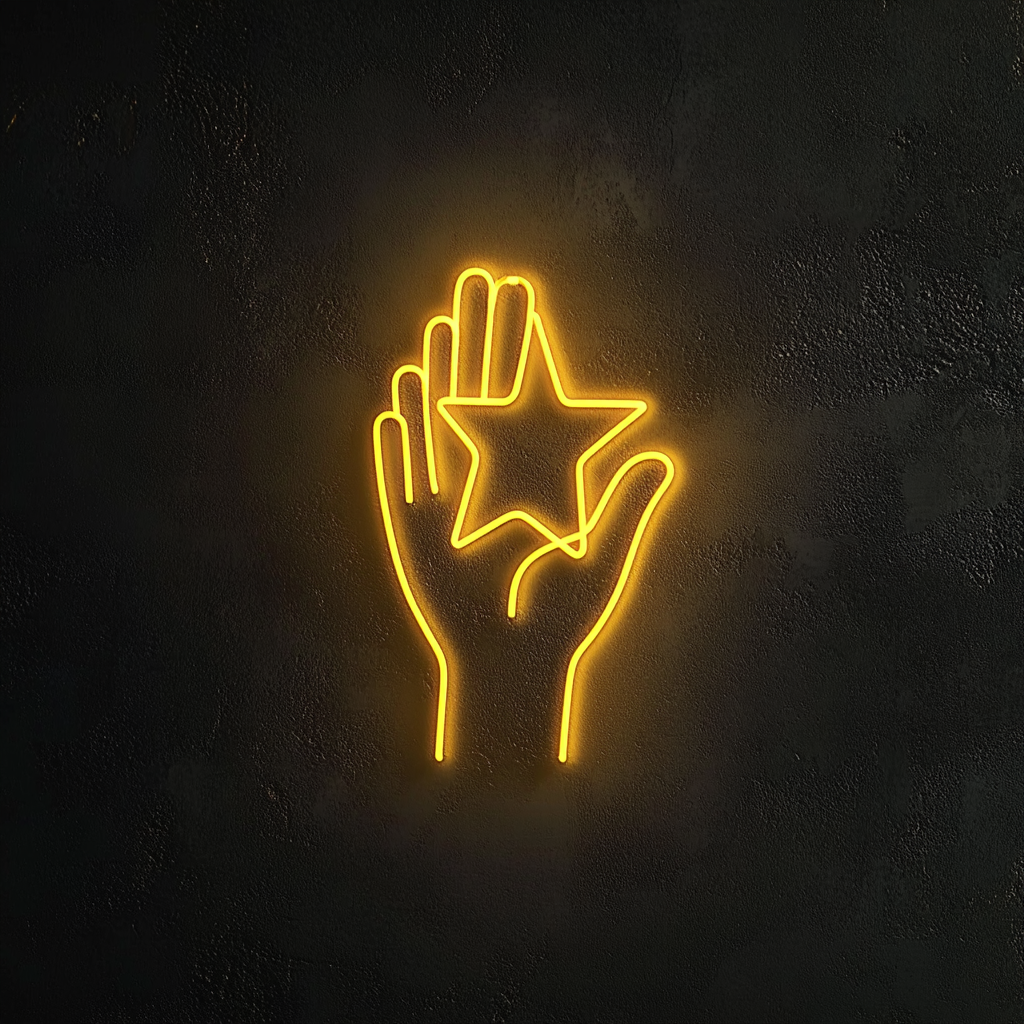 Hand Holding Star - Yellow Neon Sign, 18 Inches