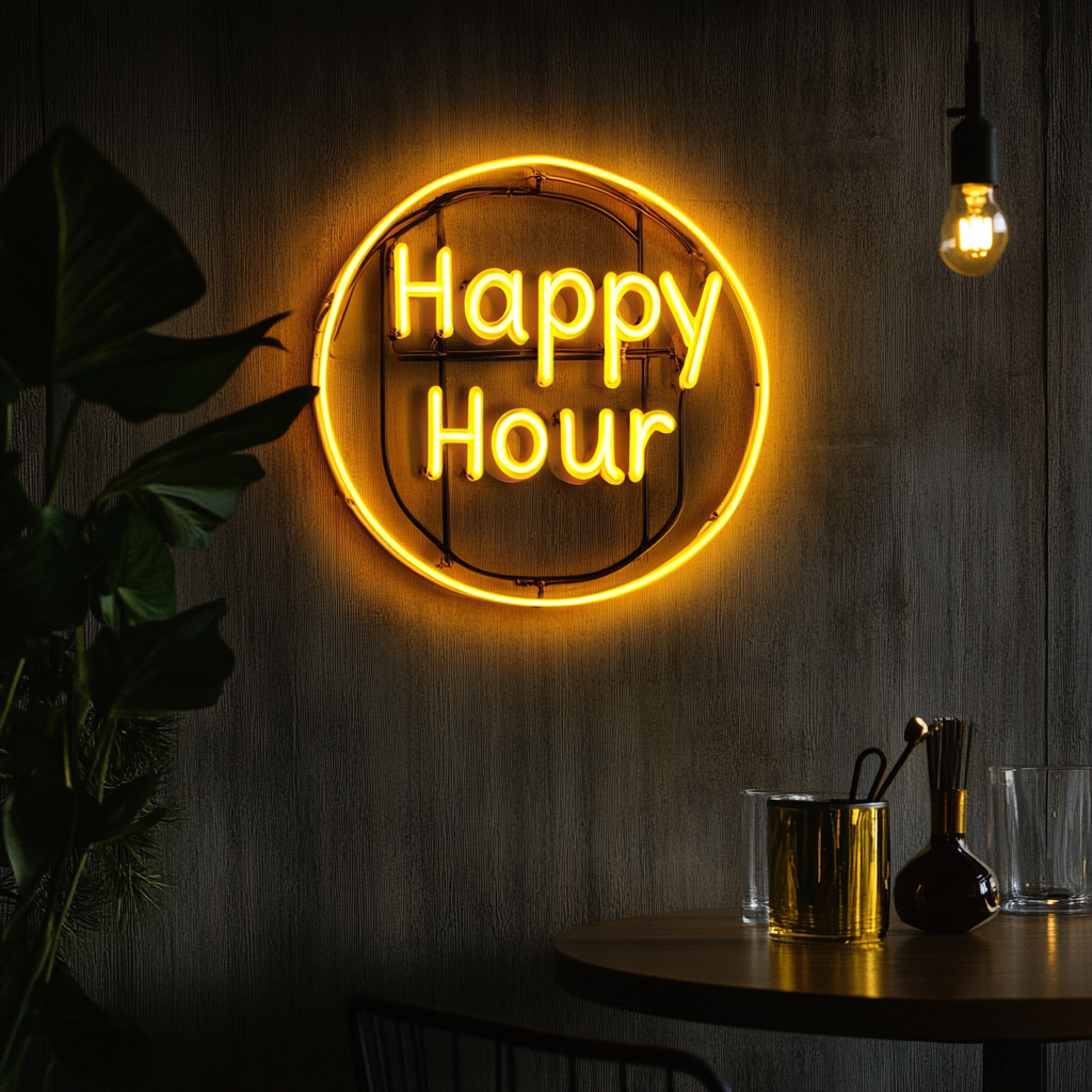 Happy Hour - Yellow Neon Sign, 18 Inches