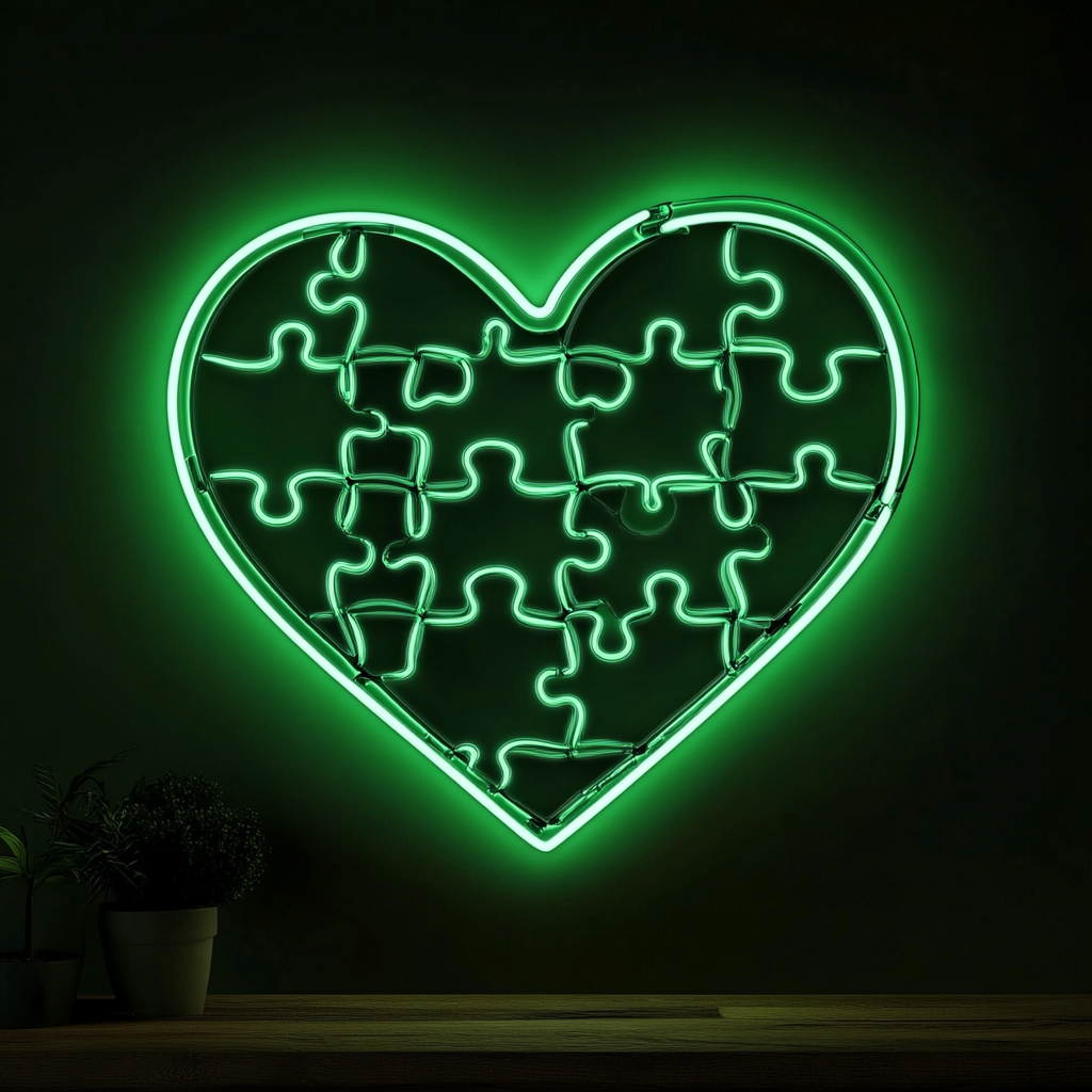 Heart Puzzle - Green Neon Sign, 24 Inches