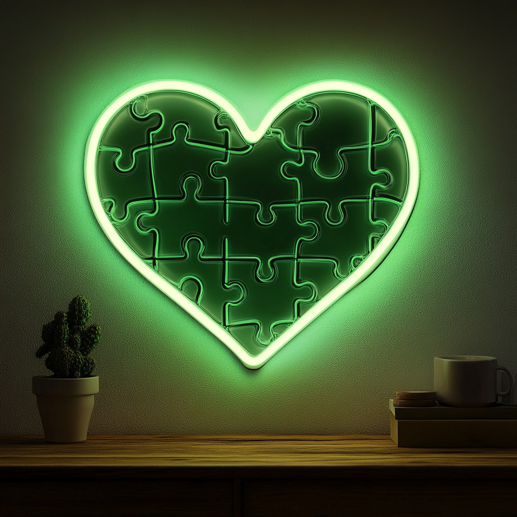 Heart Puzzle - Green Neon Sign, 24 Inches