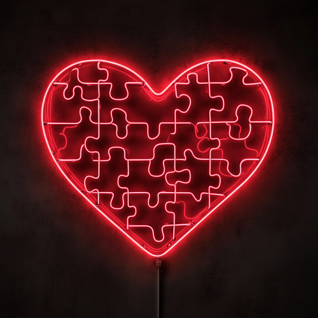 Heart Puzzle - Red Neon Sign, 24 Inches