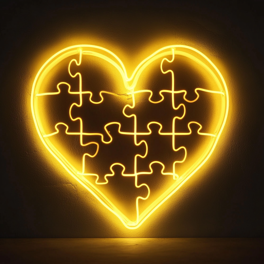 Heart Puzzle - Yellow Neon Sign, 18 Inches
