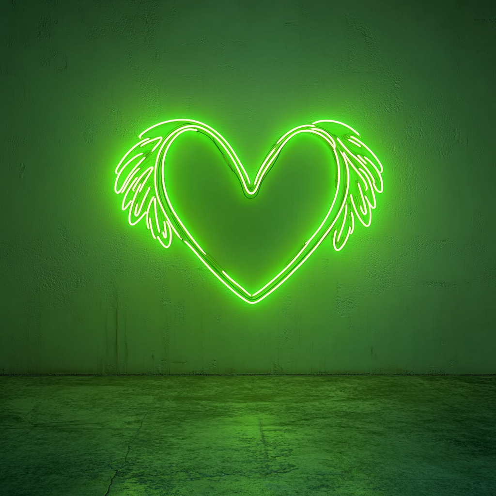 Heart with Wings - Green Neon Sign, 18 Inches