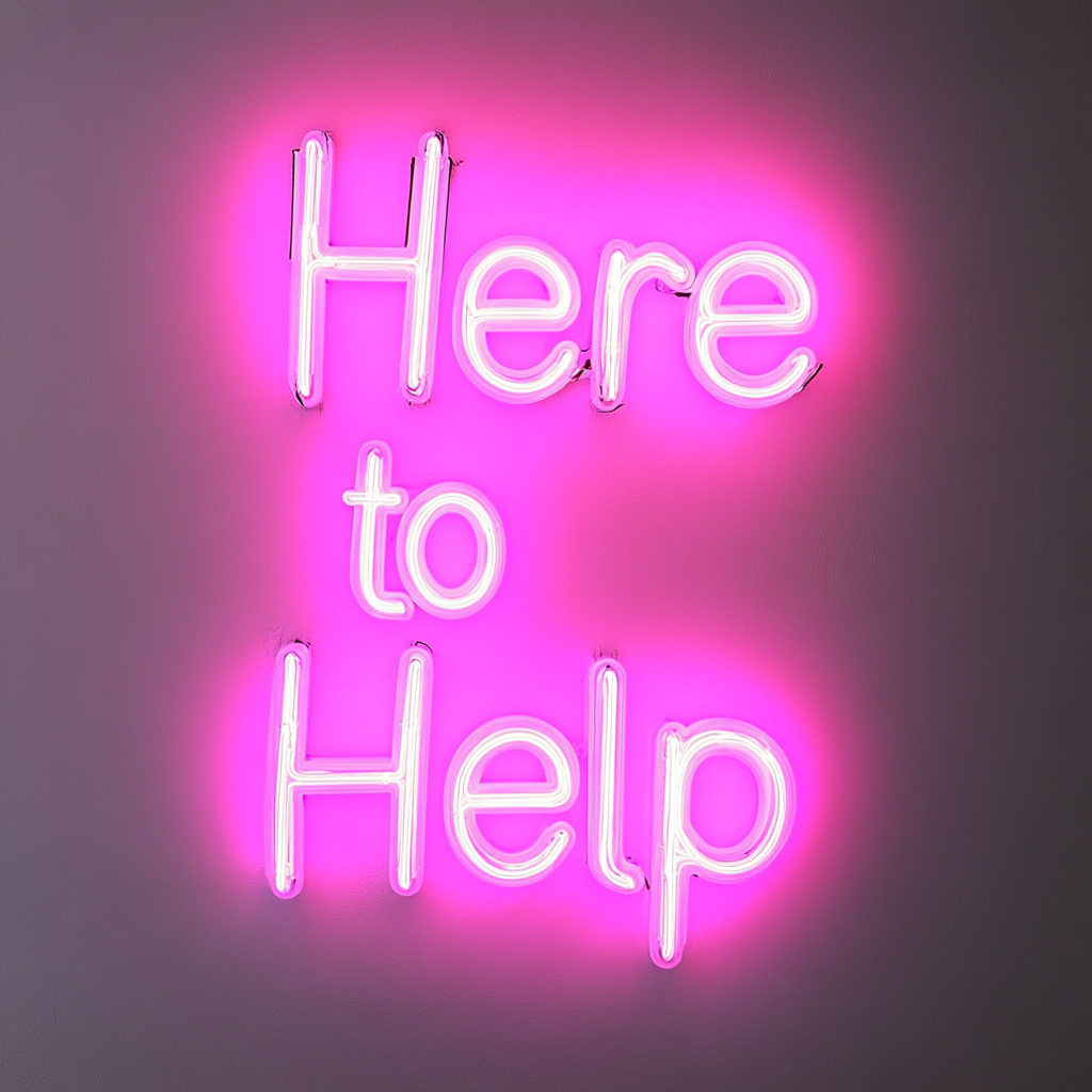 "Here to Help" - Pink Neon Sign, 24 Inches