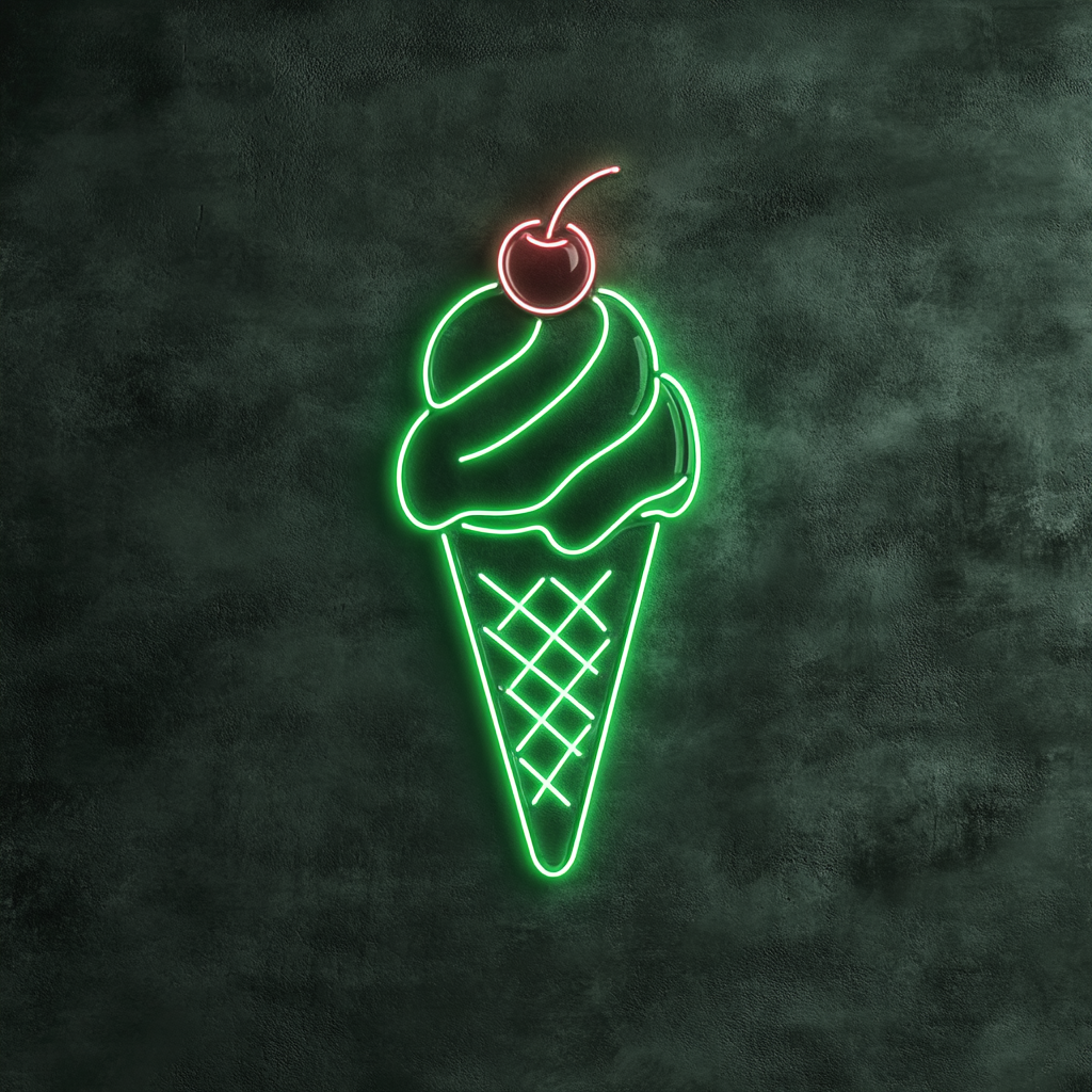 Ice Cream Cone with Cherry - Green Neon Sign, 24 Inches