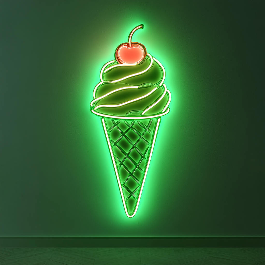 Ice Cream Cone with Cherry - Green Neon Sign, 24 Inches