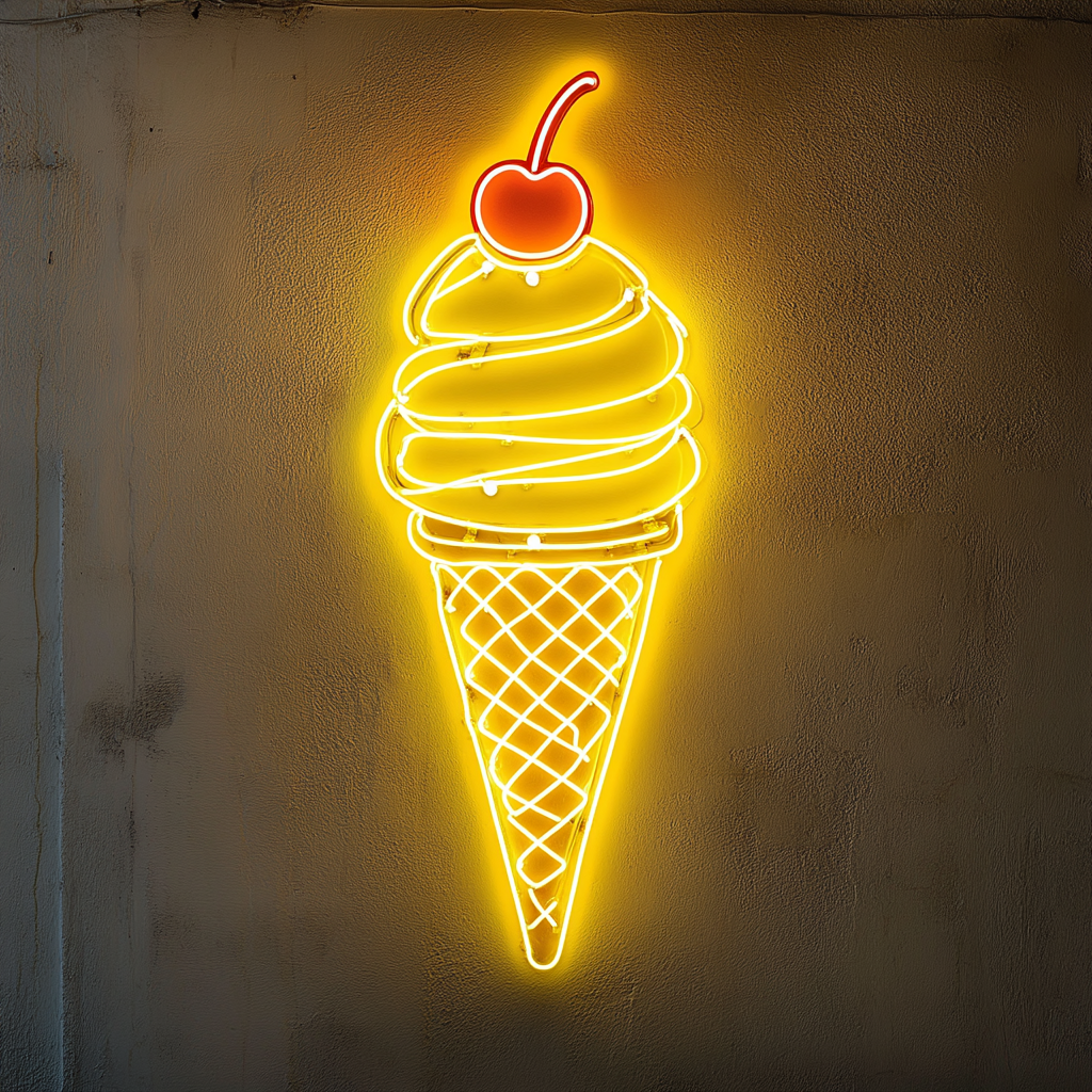 Ice Cream Cone with Cherry - Yellow Neon Sign, 18 Inches