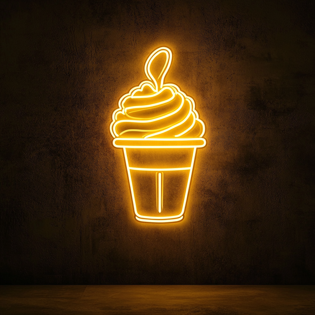 Ice Cream Sundae with Spoon - Yellow Neon Sign, 18 Inches