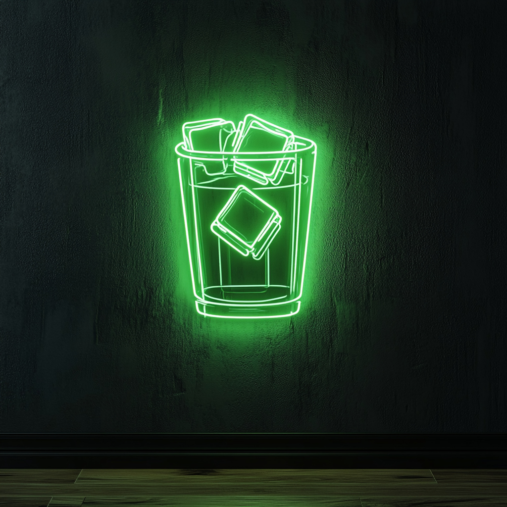 Ice Cubes in Glass - Green Neon Sign, 18 Inches