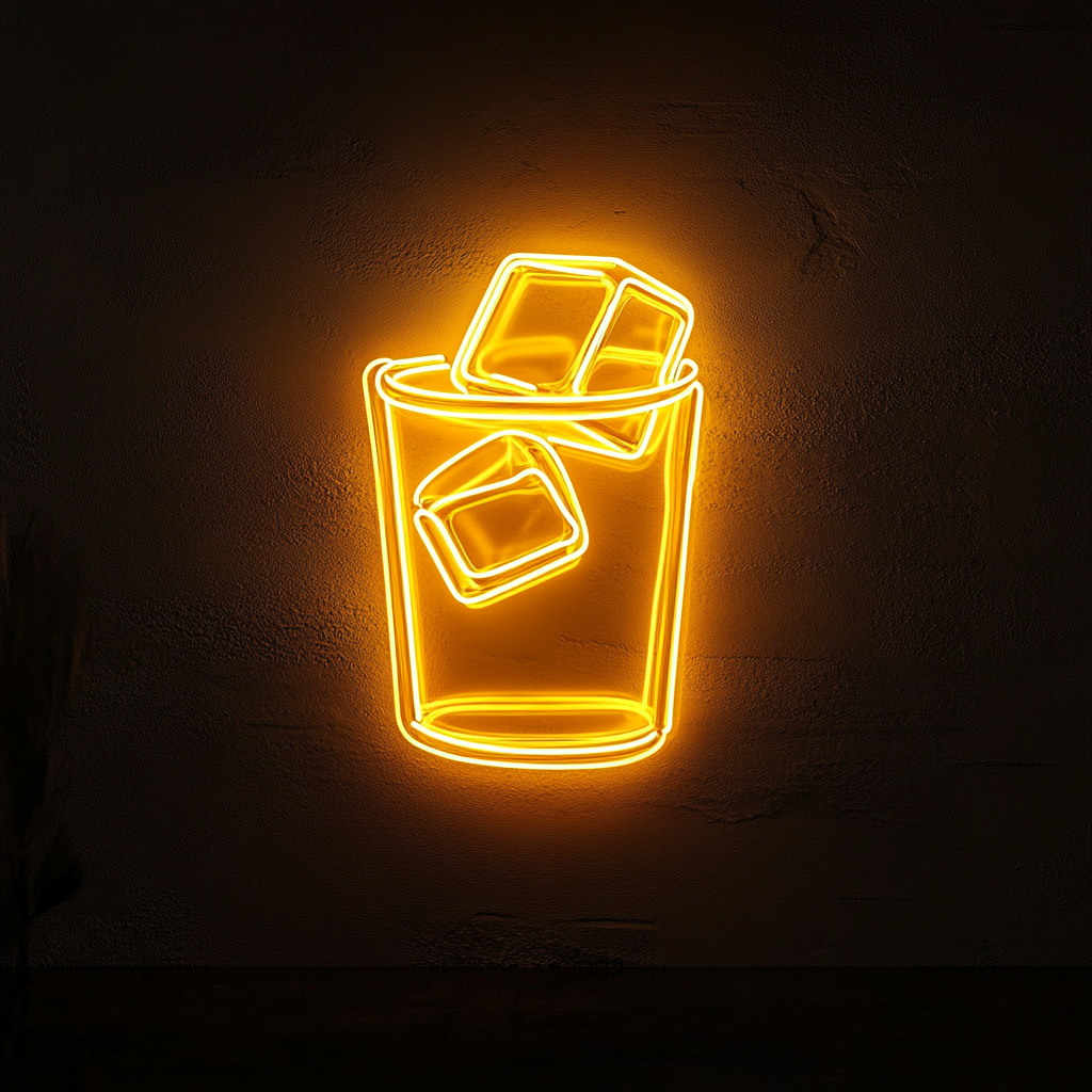 Ice Cubes in Glass - Yellow Neon Sign, 18 Inches