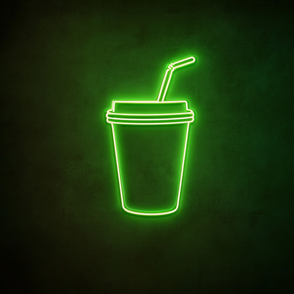 Iced Coffee Cup with Straw - Green Neon Sign, 18 Inches
