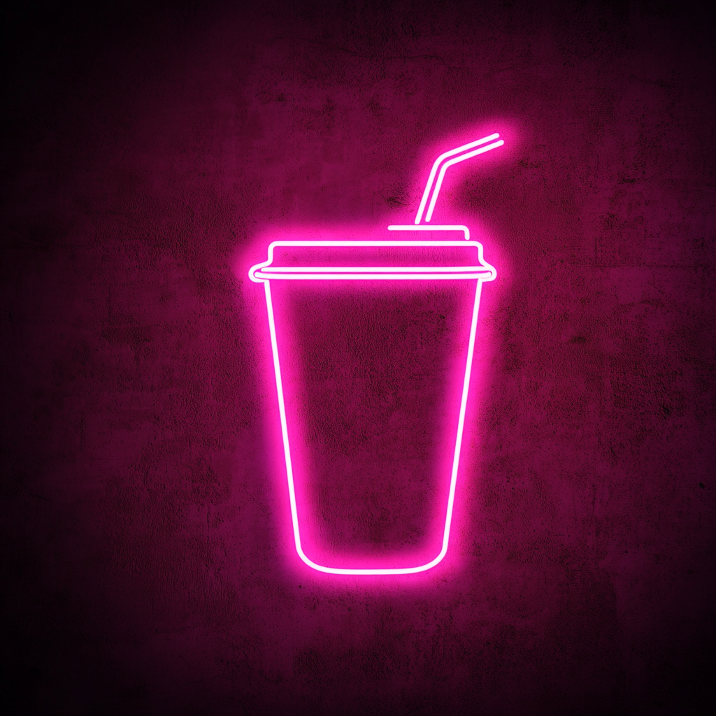 Iced Coffee Cup with Straw - Pink Neon Sign, 18 Inches