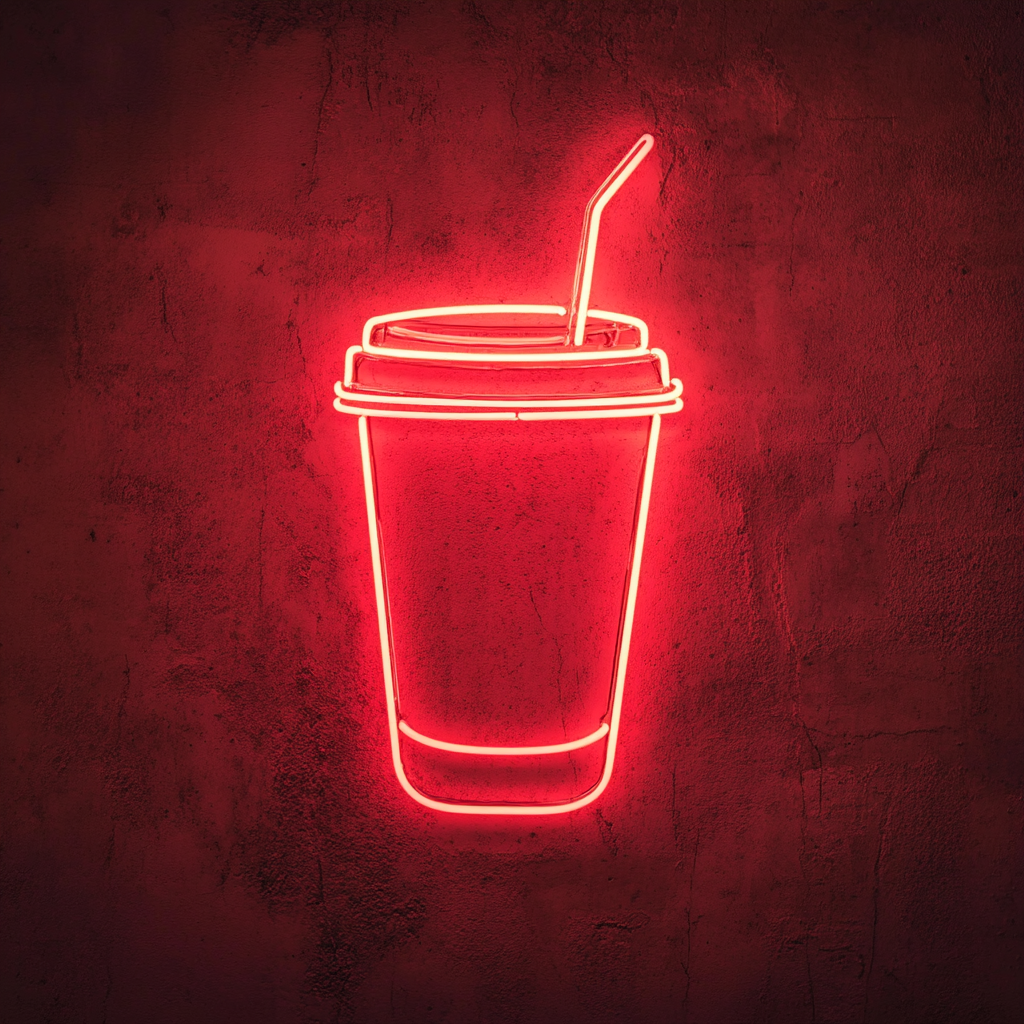 Iced Coffee Cup with Straw - Red Neon Sign, 24 Inches