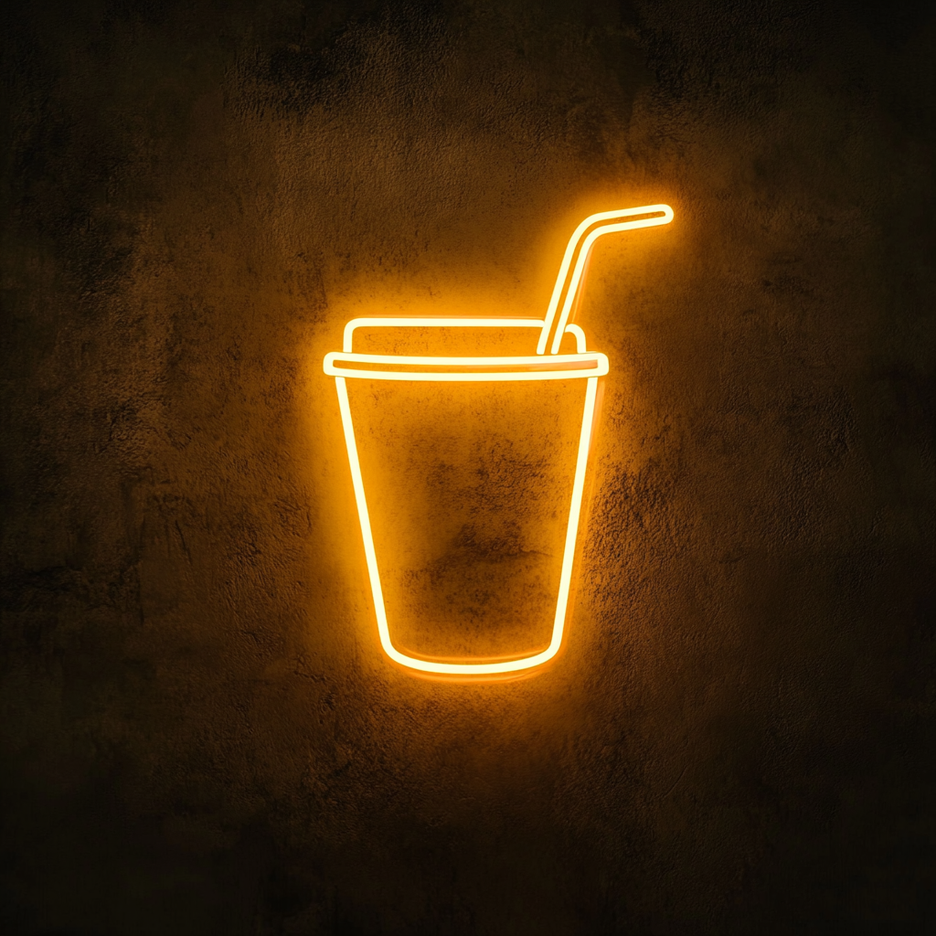 Iced Coffee Cup with Straw - Yellow Neon Sign, 18 Inches