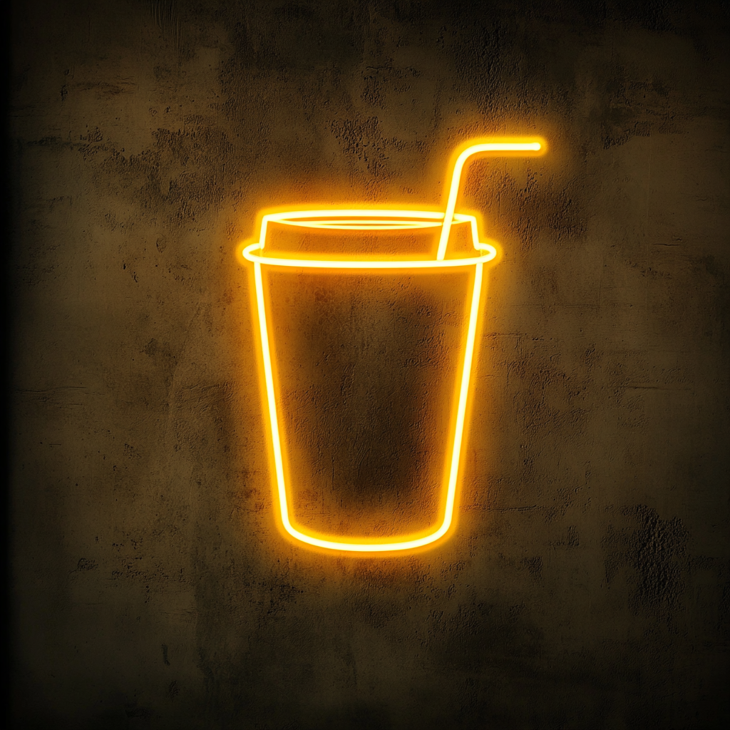 Iced Coffee Cup with Straw - Yellow Neon Sign, 18 Inches