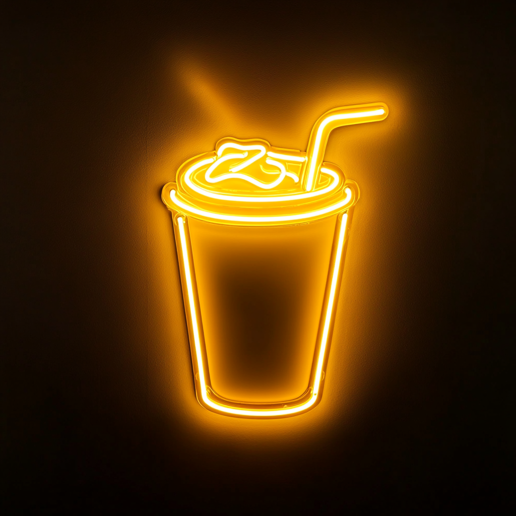 Iced Coffee Cup with Straw - Yellow Neon Sign, 18 Inches