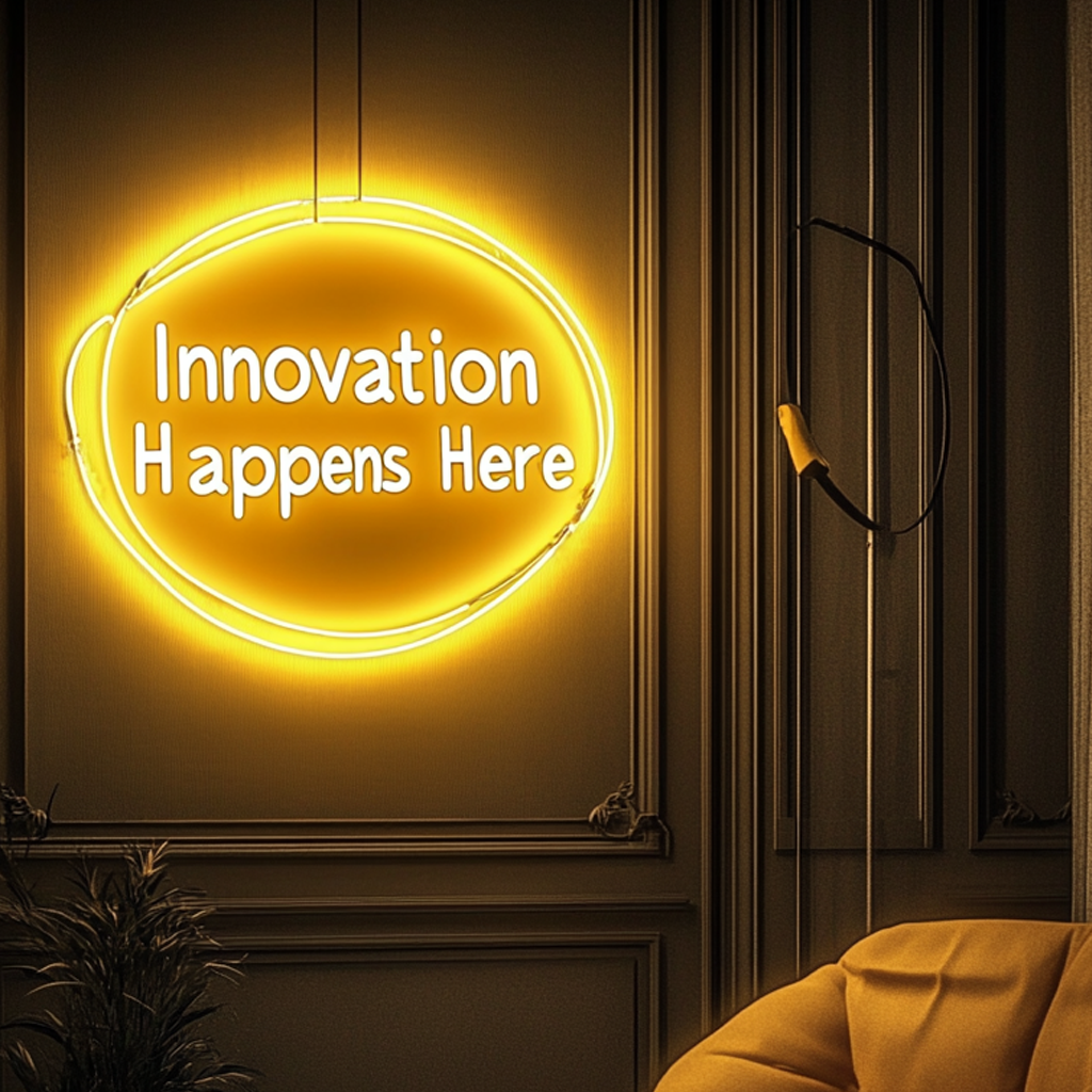 "Innovation Happens Here" - Yellow Neon Sign, 24 Inches