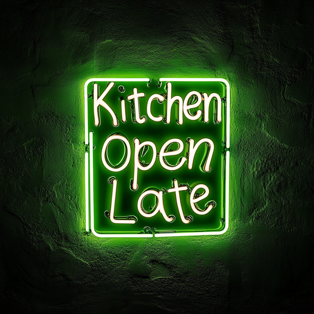 "Kitchen Open Late" - Green Neon Sign, 18 Inches