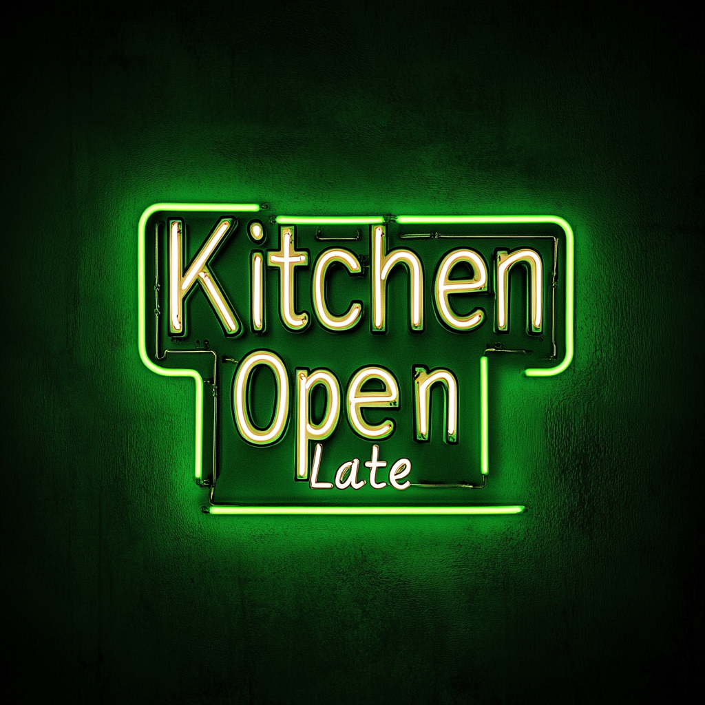 "Kitchen Open Late" - Green Neon Sign, 18 Inches